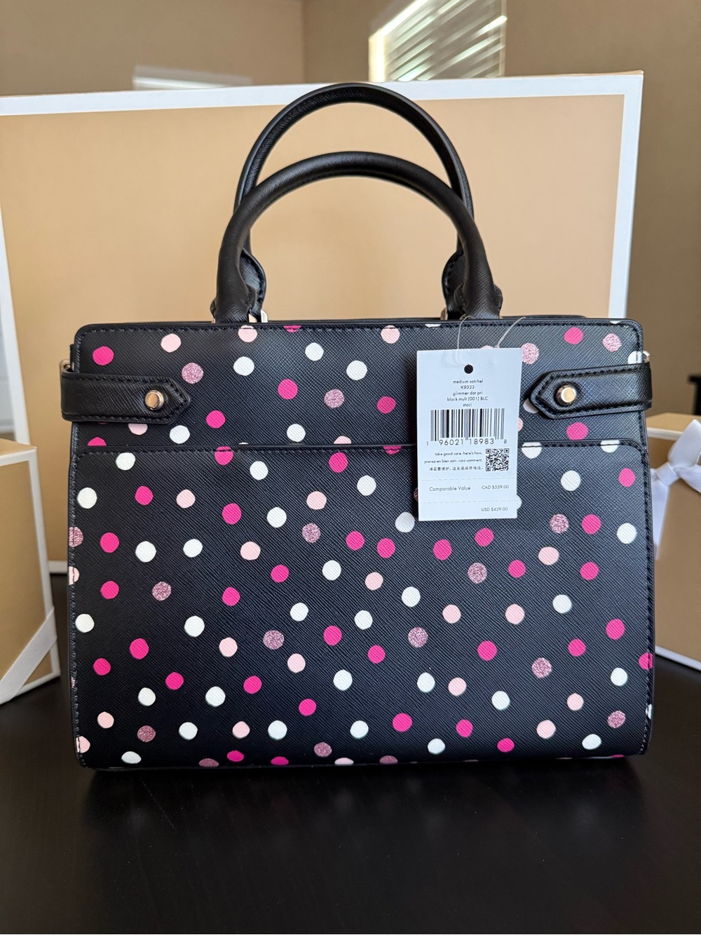 💯% Auethentic Kate Spade Black Polka Dot Satchel with Pink & White Dots - Picture 8 of 12